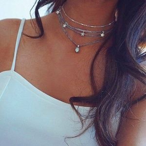 Multi Strand Star Necklace Silver Tone
